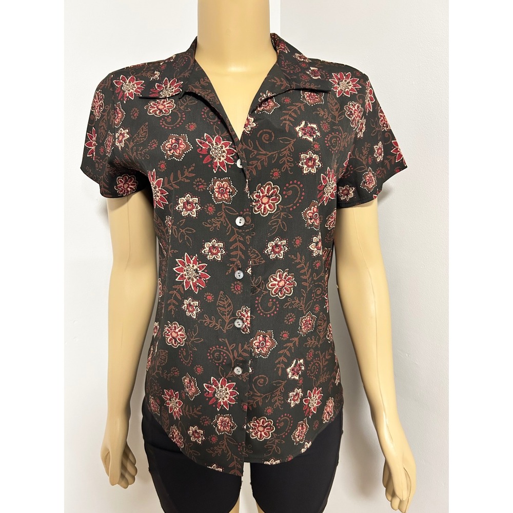 Laura Scott Petite Womens Black Burgundy Floral Short Sleeve Button Blouse 12P